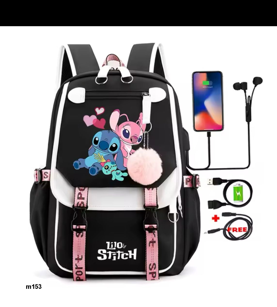 Mochila caricatura infantil con cable para cargar laptop o celular