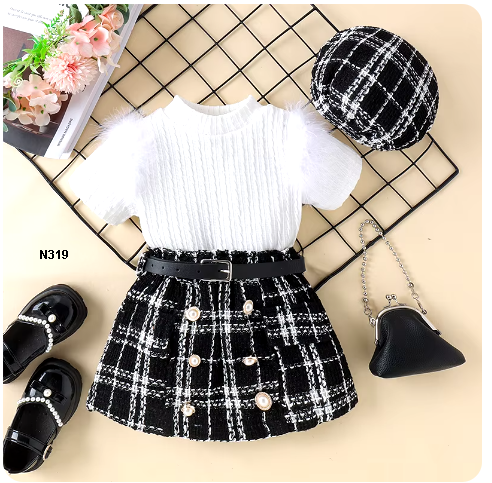 Set blanco y negro para niña con falda, blusa, faja y boina